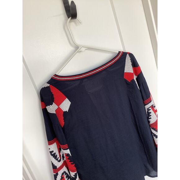 Zara embroidered tassel ties nautical Navy boho top blouse size medium vacation - Picture 6 of 10